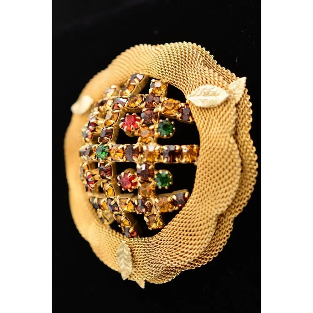 Vintage Crystal Pin Brooch Mesh Gold Prong Multi-Color Rhinestone 1970s BinAT